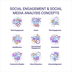 Social engagement concept icons set. Social media analysis. Marketing research idea thin line color illustrations. Isolated symbols. Editable stroke. Roboto-Medium, Myriad Pro-Bold fonts used