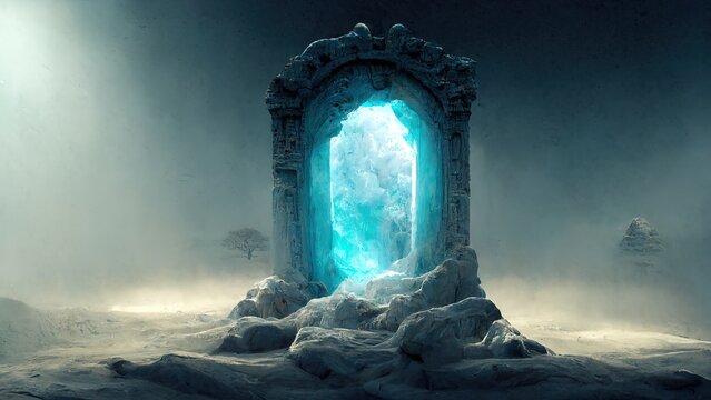 Wooden gate in thick smoke in the form of clouds to the portal to the underworld. The edge of the portal glows yellow. 3D visualization, 3d rendering