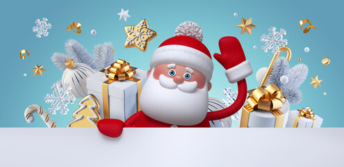 3d render, Christmas greeting card with cute smiling Santa Claus toy waving his hand. Gift boxes and festive ornaments, over the turquoise blue background