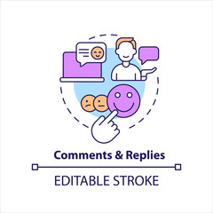 Comments and replies concept icon. Social media activity. Audience interaction abstract idea thin line illustration. Isolated outline drawing. Editable stroke. Arial, Myriad Pro-Bold fonts used
