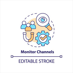 Monitor channels concept icon. Interaction with brand. Social media. Online marketing abstract idea thin line illustration. Isolated outline drawing. Editable stroke. Arial, Myriad Pro-Bold fonts used