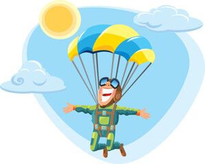 Happy parachutist flying on parachute. Vector. Blue sky and beautiful clouds. Bright sun.