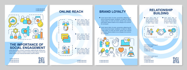 Importance of social engagement blue brochure template. Interaction. Leaflet design with linear icons. Editable 4 vector layouts for presentation, annual reports. Arial, Myriad Pro-Regular fonts used