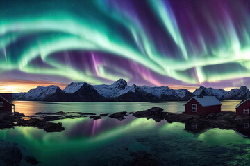 aurora borealis over lake and ocean and mountains, norvegia, lofoten northern lights - obrazy, fototapety, plakaty