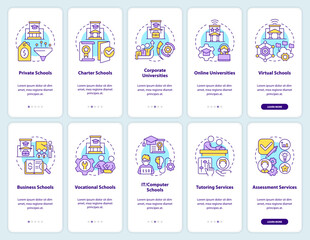 Education service providers onboarding mobile app screen set. Walkthrough 5 steps editable graphic instructions with linear concepts. UI, UX, GUI template. Myriad Pro-Bold, Regular fonts used