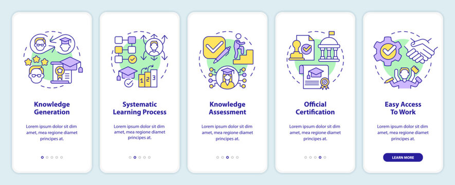 Advantages of formal education onboarding mobile app screen. Learning walkthrough 5 steps editable graphic instructions with linear concepts. UI, UX, GUI template. Myriad Pro-Bold, Regular fonts used