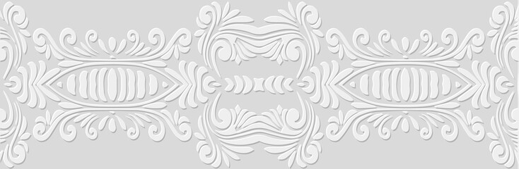 Banner, cover design. Embossed geometric elegant 3d pattern on white background, paper press, boho style, original handmade. Tribal ethnicity, vintage texture for presentation, website.