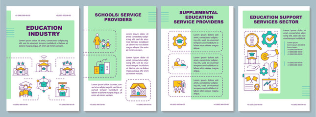 Education industry definition green brochure template. Learning. Leaflet design with linear icons. Editable 4 vector layouts for presentation, annual reports. Arial, Myriad Pro fonts used