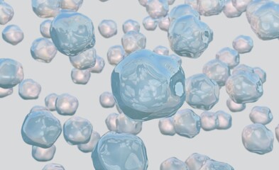 3d rendering. Molecules of water or plasma close-up. Rough surface with reflection, particles fill the entire light gray background. Volume bubbles of a round form. - 544307630