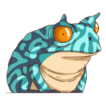 Confused Exotic Frog, isolated vector illustration. Funny cartoon picture of a tropic toad staring at something with shock. An animal sticker. Simple drawing of a horned frog on white background.