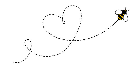 Bee on dotted route flying in heart line. Bumblebee on dotted rout path to destination flight in heart shape, bee funny character in happy buzz - 544307821