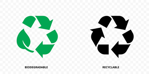 Biodegradable recyclable icons, leaf and arrow vector eco and bio label. Organic recyclable, plastic free and eco friendly degradable package stamp