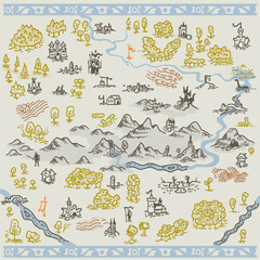 Hand draw illustrations for fantasy map in medieval engraving style
