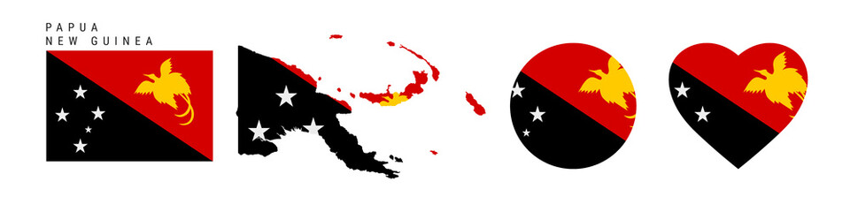 Papua New Guinea flag icon set. PNG pennant in official colors and proportions. Rectangular, map-shaped, circle and heart-shaped. Flat vector illustration isolated on white.