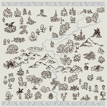 Line art draw simple icon fantasy middle ages engraving map