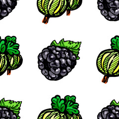 Seamless pattern with colored hand drawn gooseberry and blackberry. Suitable for packaging, wrappers, surface and fabric design. PNG illustration
