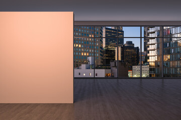 Downtown Los Angeles City Skyline Buildings from High Rise Window. Beautiful Expensive Real Estate overlooking. Empty room Interior. Mockup wall. Skyscrapers. Night. California. 3d rendering.