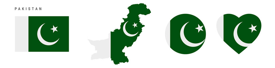 Pakistan flag icon set. Pakistani pennant in official colors and proportions. Rectangular, map-shaped, circle and heart-shaped. Flat vector illustration isolated on white.