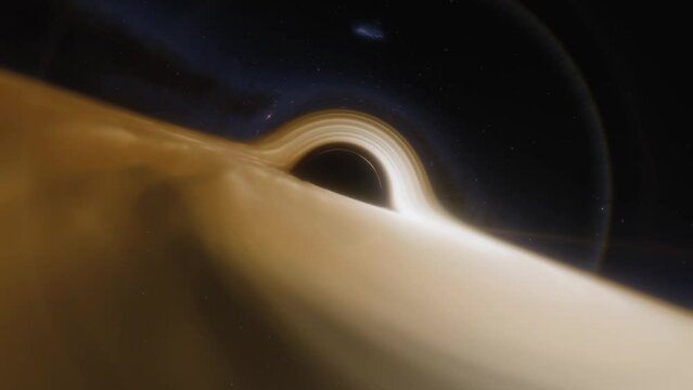 Cinematic animation of supermassive black hole. Camera moves through a black hole or wormhole into another galaxy in another universe. Space, light and time are distorted by strong gravity on the