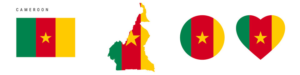 Cameroon flag icon set. Cameroonian pennant in official colors and proportions. Rectangular, map-shaped, circle and heart-shaped. Flat vector illustration isolated on white.