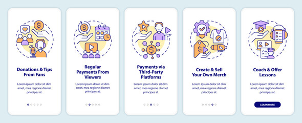 Making money with live streaming ways onboarding mobile app screen. Walkthrough 5 steps editable graphic instructions with linear concepts. UI, UX, GUI template. Myriad Pro-Bold, Regular fonts used