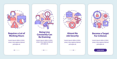Live streamer drawbacks onboarding mobile app screen. Walkthrough 4 steps editable graphic instructions with linear concepts. UI, UX, GUI template. Myriad Pro-Bold, Regular fonts used