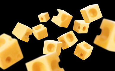 Flying cheese cubes,isolated on black background