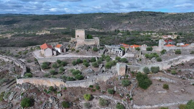 Aerial landscape from a drone of town of Marialva, Portuguese parish of the concelho de M&ecirc;da. Historic Villages. Portugal. Europe