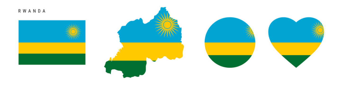 Rwanda flag icon set. Rwandan pennant in official colors and proportions. Rectangular, map-shaped, circle and heart-shaped. Flat vector illustration isolated on white.