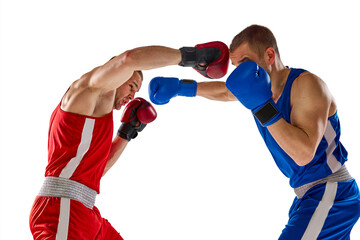 Close combat. Two twins brothers, professional boxers in blue and red sportswear boxing isolated on white background. Concept of sport