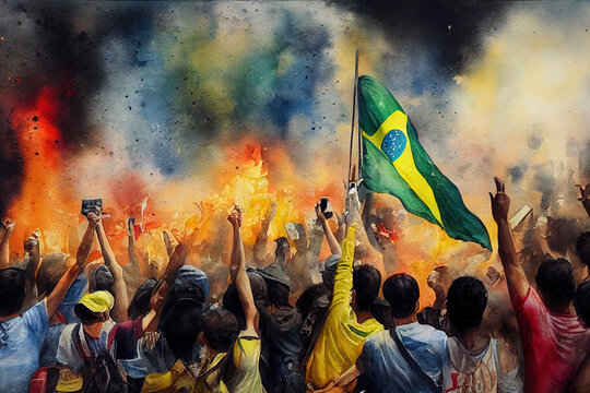 Digital watercolour of crowds of unhappy protesters in Brazil, revolting against corruption. Brazilian flags and fire with people with raised hands. Election result reaction in a concept artwork.
