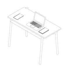 Desk outline with laptop and notepads from black lines isolated on white background. Isometric view. 3D. Vector illustration.
