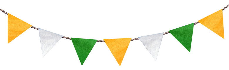 Decorative garland with tricolor Indian flag. Orange, white and green .  Watercolor illustration for Indian Republic Day. Hand drawn painting isolated on transparent. © ELENA