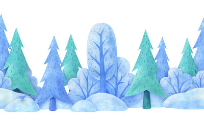 An endless illustration of the winter natural environment. Watercolor seasonal landscape. Seamless pattern of nature. Horizontal border with trees, shrubs in the snow. Isolated image of a forest park