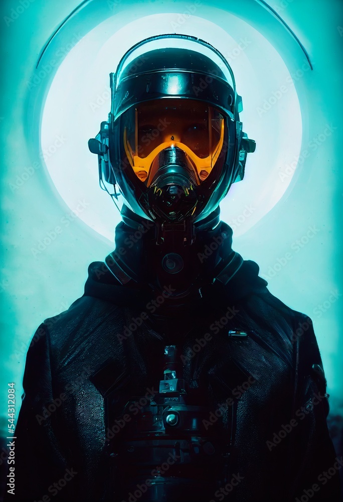 Wall mural A fictional person, not based on a real person. Portrait of an fictional astronaut in a spacesuit. High-tech astronaut from the future. The concept of space travel. . Generative AI