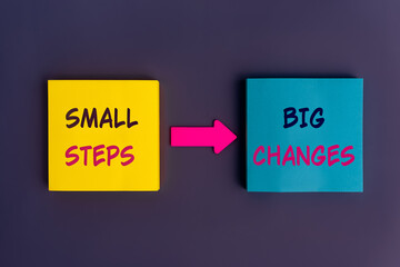 Small Steps, Big Changes - concept text. Motivational advice or reminder on colorful sticky notes...