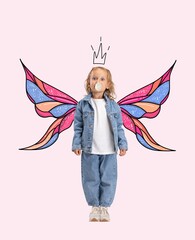 Creative colorful design. Contemporary art collage. Little girl, child in image of fairy with wings and crown. Cartoon character