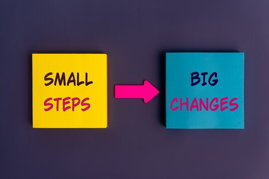 Small Steps, Big Changes - concept text. Motivational advice or reminder on colorful sticky notes on the dark blue background. Happy life and self management motivation concept