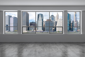 Downtown New York City Lower Manhattan Skyline Buildings. High Floor Window. Beautiful Expensive Real Estate. Empty room Interior Skyscrapers View Cityscape. Financial district. Day. 3d rendering.