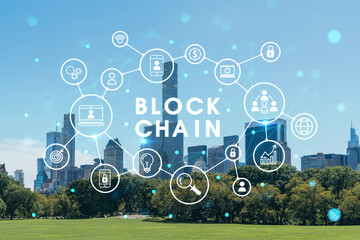 Green lawn at Central Park and Midtown Manhattan skyline skyscrapers at day time, New York City, USA. Decentralized economy. Blockchain, cryptography and cryptocurrency concept, hologram