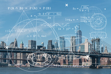 Brooklyn and Manhattan bridges with New York City financial downtown skyline panorama at day time over East River. Technologies, education concept. Academic research, top ranking university, hologram