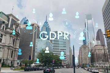 Summer day time cityscape of Philadelphia financial downtown, Pennsylvania, USA. City Hall neighborhood. GDPR hologram, concept of data protection regulation and privacy for all individuals in EU Area