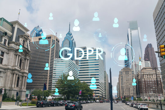 Summer day time cityscape of Philadelphia financial downtown, Pennsylvania, USA. City Hall neighborhood. GDPR hologram, concept of data protection regulation and privacy for all individuals in EU Area