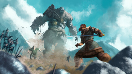 The mountain giant is attacking people. Hero with a sword preparing for battle. 2d illustration - obrazy, fototapety, plakaty
