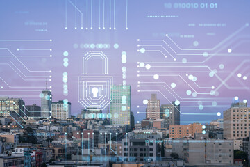 Panoramic cityscape view of San Francisco Nob hill area, sunset, midtown skyline, California, United States. The concept of cyber security to protect confidential information, padlock hologram