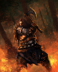 A barbarian with an axe in a combat stance stands in a forest surrounded by fire. 2d illustration.