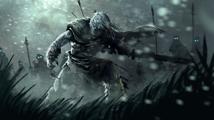 An undead warrior with a sword leads an army of the dead in the midst of a snow storm. 2d illustration. © Iobard