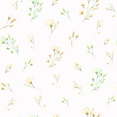 Watercolor seamless pattern with abstract yellow  flowers, green leaves, branches. Hand drawn floral illustration isolated on light  background. For packaging, wrapping design or print.