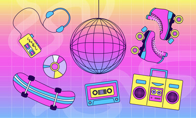 A colorful set of 90's and Y2k style fun items. A trendy collection of girly patches. Quirky, hipster retrowave pack