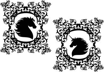 beautiful fairy tale unicorn horse profile head - black and white vector silhouette portrait of animal among rose flowers decor